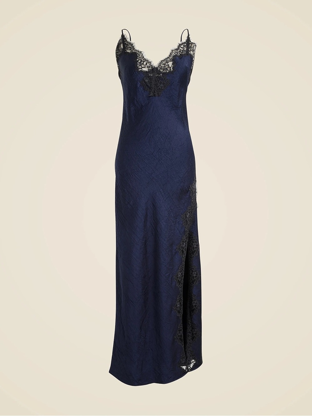 J Crew Navy Lace-trim slip dress in textured satin